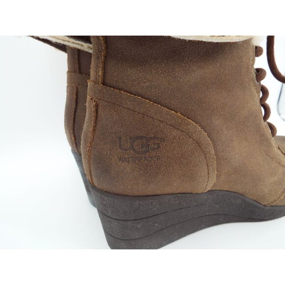UGG Zea 1003360 Brown Waterproof Leather Shearling Lined Wedge Boots - Picture 8 of 10